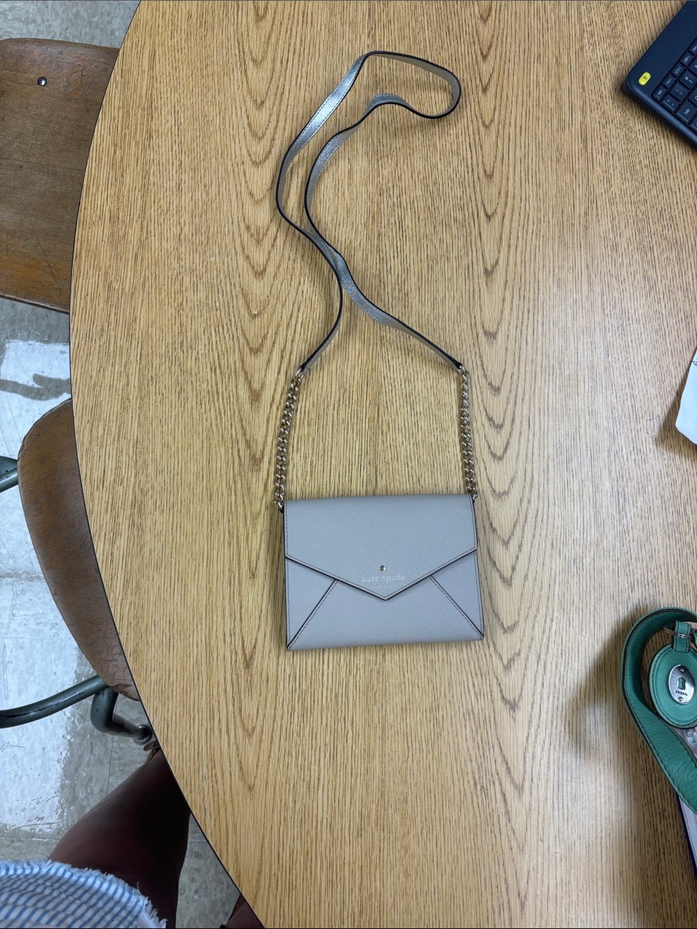kate spade taupe envelope crossbody with gold chain
